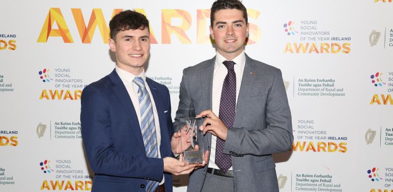 Greener Globe accepting the High Impact Award with the Minister for Education & Skills, Joe McHugh, at the Young Social Innovators Awards in 2019