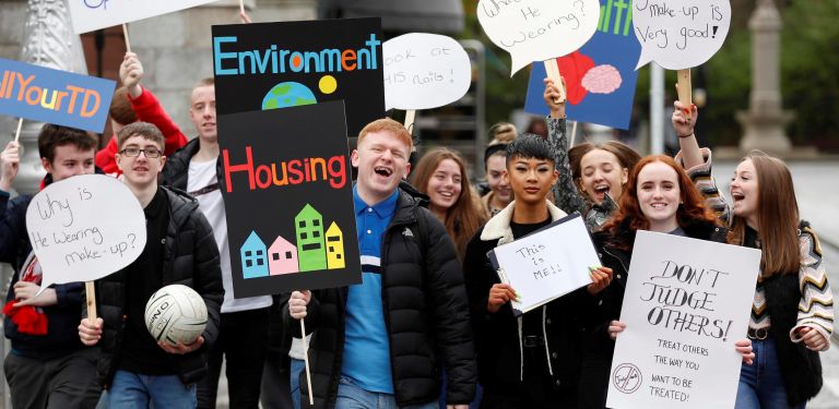 Students arrive at the Mansion House Dublin to present their ideas for a better future, YSI Speak Out, Dublin City, March 2019 