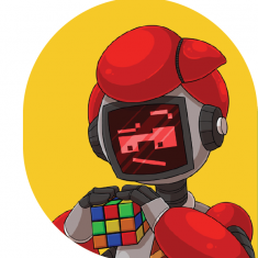 Robot with rubix cube against yellow background